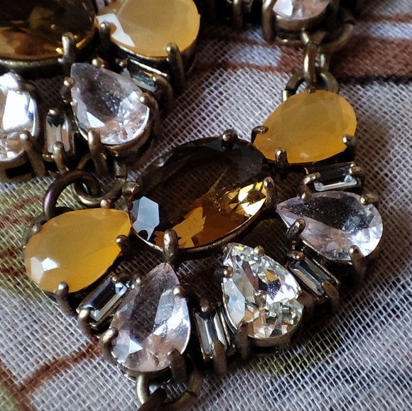 J. Crew Statement Necklace Topaz Honey Clear Stones Oxidized Brass 10 Medallions - Picture 8 of 14